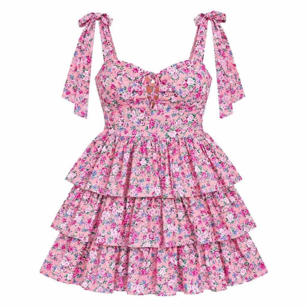 MABLE Floral Tiered Mini Dress Size L Pink Tie Strap Ruffle